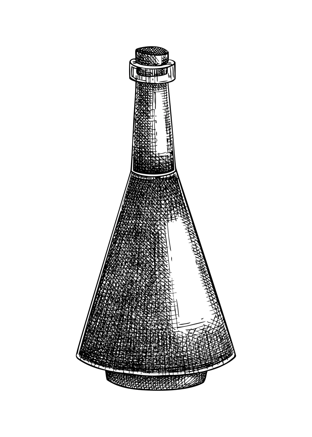 Poison bottle with cork stopper sketch. Witchcraft vector illustration. Vintage Halloween design element. Hand-drawn alchemical icon, esoteric symbols. NOT AI generated Illustration